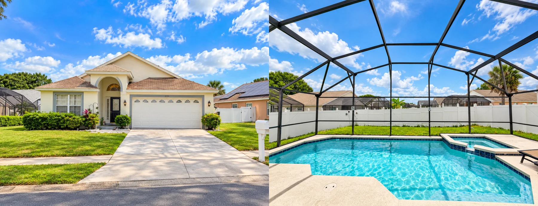 Ease House Orlando home exterior and shared screened swimming pool in Kissimmee, Florida